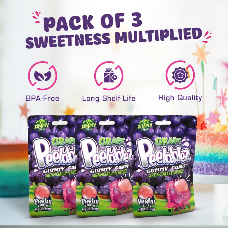 Peelable Grape Gummies Pack of 3 - Resealable 2.46 Oz
