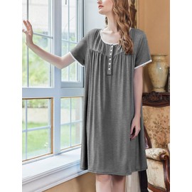 Ekouaer Womens House Dress Moomoo Nightgown with Pockets Short Sleeve Mumu Nightgown Button Down Sleepwear Dark Grey