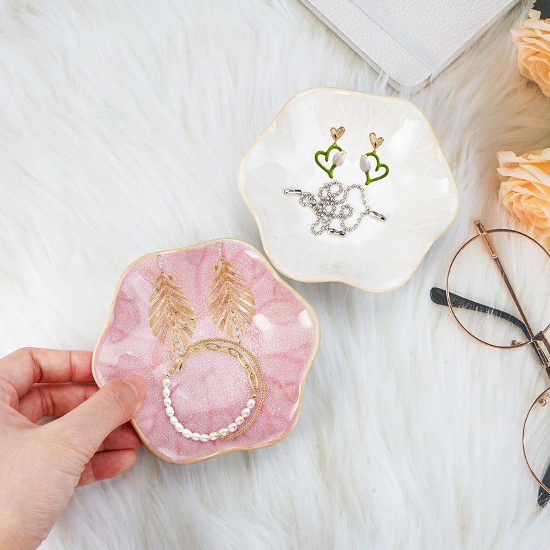 Rairsky 2 Pieces Ceramic Jewellery Dish, Flower Shaped Trinket Tray,