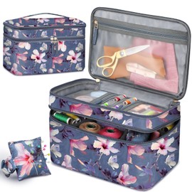 FINPAC - Funda de almacenamiento y organizador para accesorios de costura, kit de costura de doble capa, bolsa de transporte con pasador de muñeca para hilos, agujas, suministros de hilo bordado, kits de fieltro (hibisco floreciente)