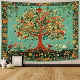 Zussun Boho Tree of Life Tapestry Vintage Nature Green Pink Plant Floral Flowers Leaves Birds Tapestries for Bedroom Aesthetic Retro Indian Tapestry Wall Hanging for Dorm Living Room 60 x 44 Inch
