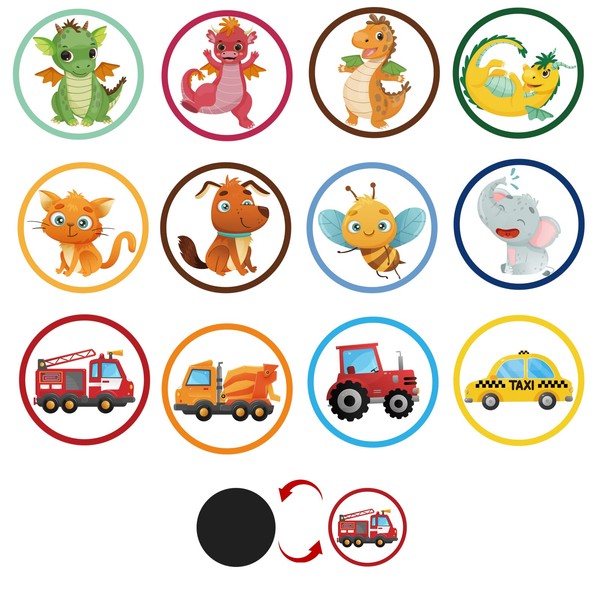 24pcs Potty Training Stickers, Color Changing Pee Stickers Interesting Potty Targets Stickers for Boys and Girls Reusable Stickers with 12 Patterns Dinosaur, Car, Animal