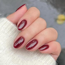 Red Press on Nails Short Oval, SXVME Solid Color Acrylic Fake Nail Short Round, Cherry Red False Nail Press ons Handmade of Gel, Natural Full Cover Glue on Nails For Women Daily Wear 24Pcs