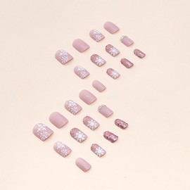 24Pcs Christmas Press on Nails Short Square Stick on Nails Pink Fake Nails with Rhinestones Designs White Snow Acrylic Nails Full Cover Glitter Glue on Nails Xmas False Nails for Women Girls