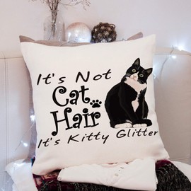 Cat Pillow Case Funny Gift for Cat Lovers Cat Mom Gifts Crazy Cat Lady Gifts for Women Cat Decor, It's Not Cat Hair It's Kitty Glitter, 18x18 Inches Linen Pillow Covers for Sofa Couch Bed Home Decor
