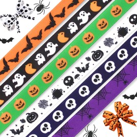 6 Rolls 36 Yards Halloween Ribbons Spider Ghost Web Pattern Ribbons