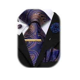 Hi-Tie Blue Brown Ties for Men and Pocket Square Cufflinks Lapel Pin Clip Pin Set Silk Mens Ties Necktie for Wedding