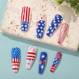 4th of July Independence Day Press on Nails Long Length Stars Patriotic False Nail Flower Stripes Design Ballet Shaped Holiday Artificial Fingernails Full Cover Glossy Acrylic Glue on Nails for Women