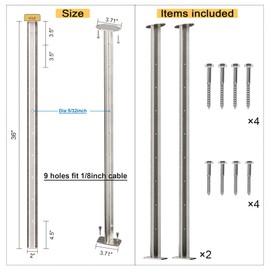 Deck Man 2 Pack Stainless Steel Pre-drilled Intermediate Post/Studdle Pickets for 1/8" Deck Cable Railing, Level Cable Railing Fittings (2, Slivery, 36 inch)