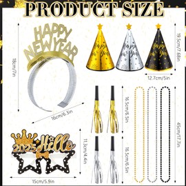 VioraWhite 160 Pieces New Years Eve Party Supplies 2025 Black Gold Silver Happy New Year Headband Tiara Cone Hats Paper Glasses New Years Party Decor Set for New Year Party Favors Accessories