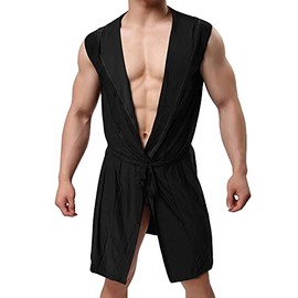 Lu's Chic Men's Silk Kimono Robe Hooded Bathrobe Sleeveless Lightweight Sleepwear Pajamas Black X-Small