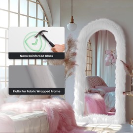 Anpark Arched Full Length Mirror 63"x24" Free Standing Floor Mirror Chic White Faux Fur Framed Wall Mounted Full Body Leaning Hanging Wall Mirror for Bedroom Entrance