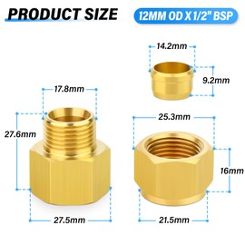 TAILONZ PNEUMATIC Brass Compression Tube Pipe Fitting, 12MM Tube OD x 1/2" BSP Female Connector(Pack of 2