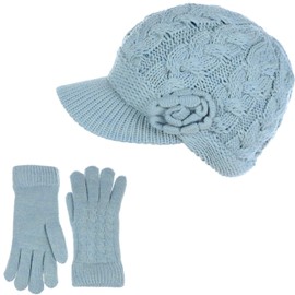 Boina de invierno elegante con visera para mujer, forro polar de felpa cálido, Set de guantes de sombrero de flores pastel, Talla única