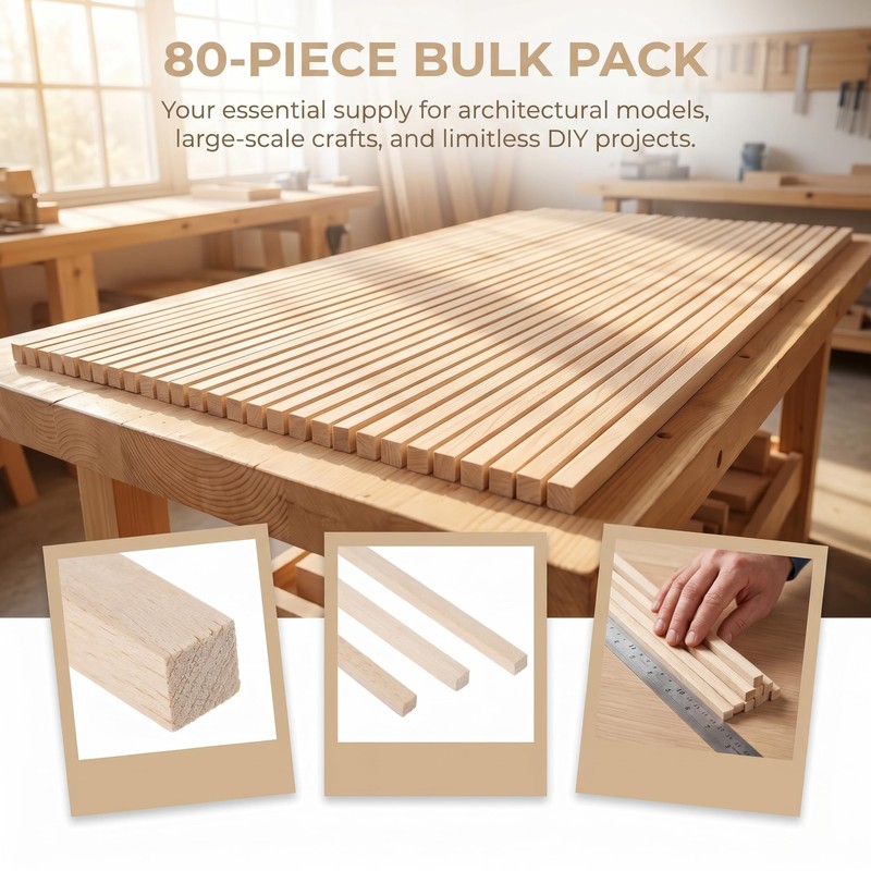Barsha Space Balsa Wood Strips 80 Pcs, 1/4 x 1/4