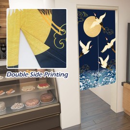 LIGICKY Japanese Style Thick Noren Long Curtain, Double-Sided Print Door Curtain, Room Divider, Tapestry for Home Textiles, 85 x 120 cm, Blue (White Crane Sea Waves and Moon)