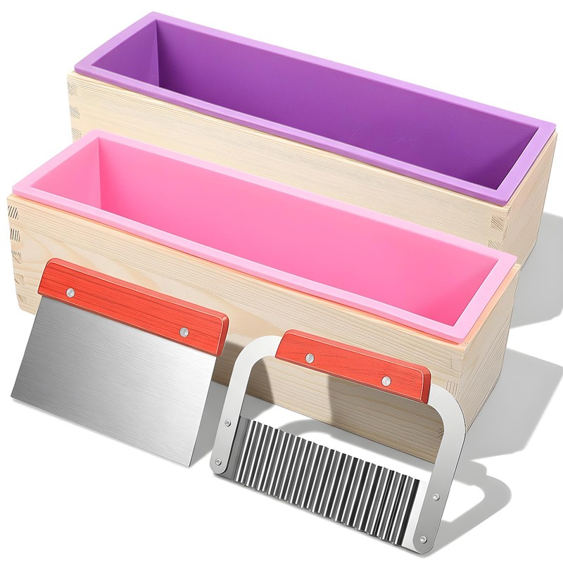 2 Pcs Rectangular Loaf Soap Molds Kit with Wooden Box,