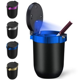 Windshoon Smokeless Car Ashtray with Lid - Stainless Steel Inner Container Windproof Ashtray, Portable LED Blue Light Auto Accessories for Travel, Detachable Mini Trash Can (Blue 1-Pack)