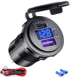 12V USB Outlet, 38W USB C Car Charger Socket, USB Quick Charge 3.0 Port & PD USB C car Charger Waterproof with Voltmeter and Power Switch for Car RV Boat Marine Motorcycle Golf Truck