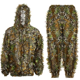 Ghillie Suit 3D Leafy Hooded Camouflage Clothing Outdoor Woodland Hunting Suit Sniper Costume Camo Outfit for Jungle Hunting, Military Game, Wildlife Photography, Paintball (Height 5.4-5.9 ft)