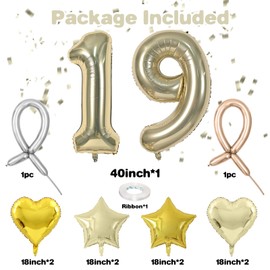 Champagne Gold 19 Number Balloons, Light Gold 19 Balloons, 40inch 19th Balloons Decor, Foil Star Heart Balloons With Long Balloons For 19th Birthday Party Anniversary 1st 9th Baby Shower Decorations