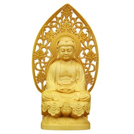 Buddha Statue, Wood Carving, Seated Shaka Nyorai, Tsuge Tree (Soto-shu and Rinzai Sects), Honzon Buddha Statue for Buddhist Altars (Total Height 3.9 inches (10 cm) Width 2.4 inches (6 cm) Depth 1.6 inches (4 cm)
