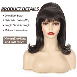 Daiaces Beehive Wig Retro Dark Brown 60s 70s Wig with Bangs Curly Synthetic Vintage Drag Queen Wigs