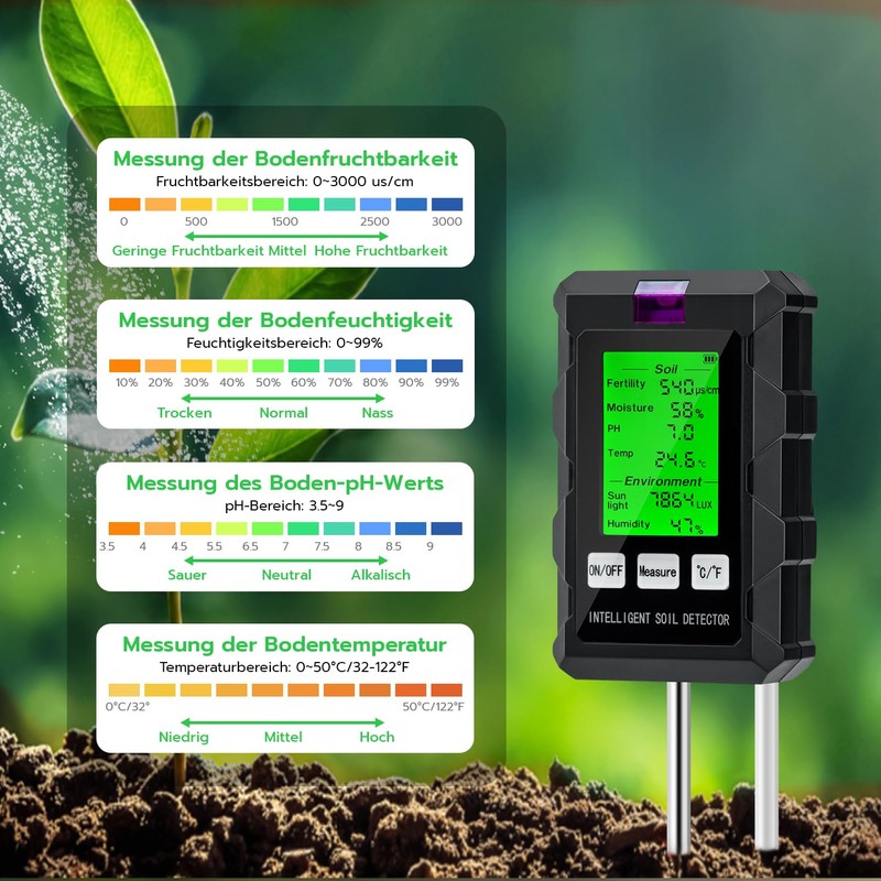 Wigearss 6-in-1 Soil Meter pH Moisture Temperature Light Soil Tester