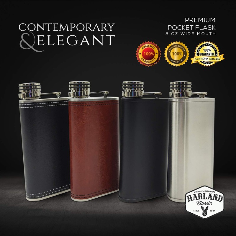 Brown PU Leather 8oz Grip Cap Pocket Flask + Funnel