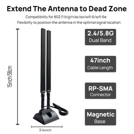 TECHTOO WiFi Antenna 12dBi Dual Band 2.4GHz 5GHz RP-SMA WiFi Antennae with Magnetic Base and 4ft Extension Cable for PC Desktop Computer PCIe Bluetooth Wireless Network Card Motherboard WiFi Router