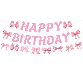 Pink Bow Birthday Decorations Banner - 2 Pcs Pink Bows Garland Banner with Happy Birthday Letter Bow Pattern for Girls Women Party Sweet Cute Theme Coquette Decorations Supplies