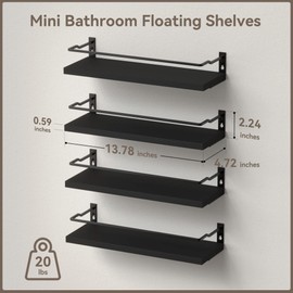 RICHER HOUSE Bathroom Floating Shelves with Guardrail, Set of 4 Wall Mounted Small Storage Bathroom Shelves, Rustic Bathroom Shelves Over Toilet, Wall Shelves for Kitchen Living Room Bedroom - Black