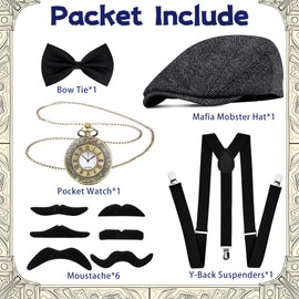 Goenb 1920s Men Costume Accessories, Oaring 20s Costumes Outfit with Hat Suspenders Pocket Watch for Great Gatsby Cosplay