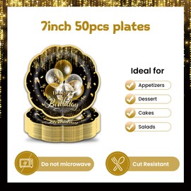 LDFDRT Pack of 50 Party Tableware Birthday Paper Plates, 18 cm Party Plates Paper Party Tableware Decoration for Wedding Garden Party (Black Birthday)