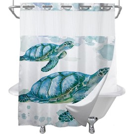 Beach Nautical Sea Turtle Theme No Hook Waffle Weave Shower Curtain with Snap in Liner Nautical Beach Bathroom Blue Ocean Decor Set 72 W x 74 H Inch Teal - Color: 72W x 80H