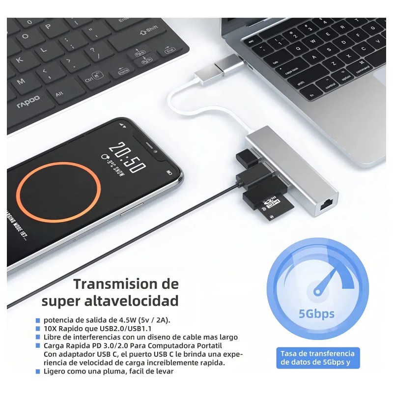 Adaptador USB Ethernet Moreka 4 en 1 RJ45 a USB