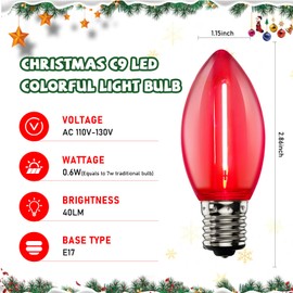 25 Pack LED Replacement Christmas Bulbs,Colored Plastic C9 Clear Replacement Bulbs Multicolor,Shatterproof C9/E17 Intermediate Base 0.6 Watt Great for Christmas Chandeliers Patio String Lights