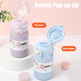 LMX 400ml/13oz Stainless Steel Vacuum Insulation Thermos Bottle Water Bottle, Double Pop-up Lid, Handle, BPA Free for Hot and Cold (Light Purple)