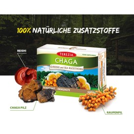 TEREZIA Chaga Premium Capsules - With Reishi Mushrooms (100 mg), Sea Buckthorn, Vitamin E & Chaga Mushroom (150 mg) - 330 mg, 100% Natural & Additive Free - EU Made - Pack of 60 for Immune System &