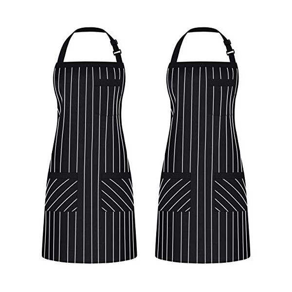 Syntus 2 Pack Adjustable Bib Apron with 3 Pockets Cooking Kitchen Aprons for Women Men Chef, Black/White Pinstripe