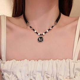 Xduargs Boho Butterfly Coin Pendant Necklace Black leather Coin Choker Necklace Vintage Black Velvet Disc Necklace Adjustable Bead Disc Stitching Chain Necklace Jewelry for Women