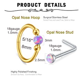 MODRSA 18g Opal Nose Ring Opal Nose Stud L Shaped Opal Nose Hoop Clicker Gold Nose Rings for Women Cartilage Hoop Earring Cartilage Hoop Helix Hoop Earring Opal Purple Daith Earring Hoop