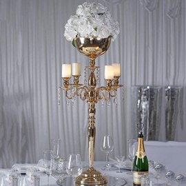 TABLECLOTHSFACTORY 33" Tall Gold Arm Shiny Metal Candelabra Chandelier Votive Candle Holder Wedding Centerpiece