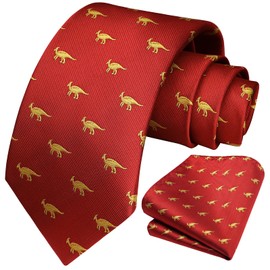 HISDERN Men's Red Tie Dinosaur Pattern Ties For Men Woven Silk Tie With Handkerchief Wedding Business Fashion Novelty Necktie & Pocket Square Set