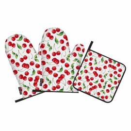 Samgula Red Cherry Oven Mitts and Pot Holders Sets Bright Cartoon Fruit Vibrant Heat Resistant 3pcs for Cooking Baking BBQ