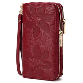 MoraMok Genuine Leather Wallet for Women, Large Capacity Credit Card Holder Wallet with RFID Blocking, Double Zipper Pocket, Phone Wristlet Purse (Wine Red)