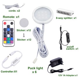 AIBOO RGB LED Cabinet Lighting Set of 6, 12 V LED Under-Unit Light, Colour Changing with Remote Control, Dimmable RGB Display Cabinet Lighting LED for Lighting Kitchen Cabinets