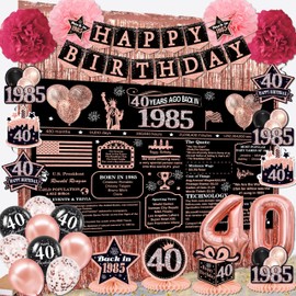 40th birthday decorations for women,happy 40th birthday banner,black rose gold 40 years ago back in 1985 Backdrop,Hanging Swirl,paper Poms,honeycomb centerpiece,40th birthday balloons for her
