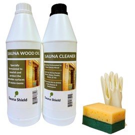 Sauna Shield Sauna Care Set – 1L Wood Oil & 1L Sauna Cleaner with Applicator Sponge & Gloves | Protects, Cleans & Nourishes Sauna Wood | For Traditional & Infrared Saunas