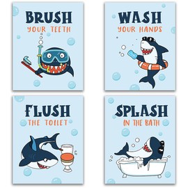 Funny Shark Bathroom Decor Rules, Novelty Sea Critters Bathroom Rules Wall Art for Kids, Girls Boys, Nursery, Wash Brush Flush Wall Art Prints, 4set 8”X10” Unframed